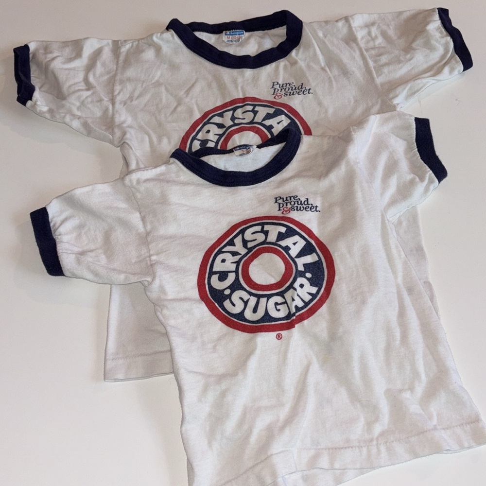 CRYSTAL SUGAR KIDS T SHIRTS RINGER VINTAGE SUGAR BEET 1980s Midwest kid T Shirts